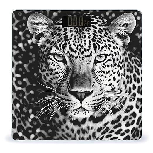 Black and White Leopard Face Weight ScaleClear LED Display Bathroom Digital Weighing ScaleTempered Glass Digital Bathroom Scale for Body Weight Capacity Up to 400 Lbs