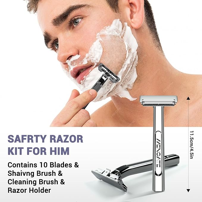 Adjustable 2-Blade Safety Razor Set with Magnetic Head for Men Women - with 10 Blades Shave Brush - Precision Shaving Reusable &amp Plastic-Free Shaver for Beard Head Leg Shaving