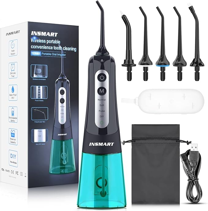 Cordless Water Dental Flosser Teeth Cleaner with Tips Case INSMART Professional 300ML Tank DIY Mode USB Rechargeable Oral Irrigator for Home and Travel IPX7 Waterproof 4 Modes Irrigate for Oral Care
