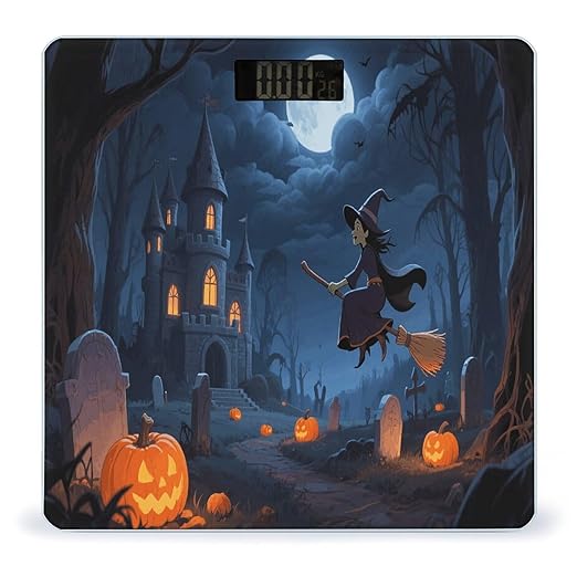 Orange Pumpkin Witch Scary Castle Weight Scale Cute Bathroom Scale for Body Highly Accurate Digital Weighing Machine for People Compact LCD Display Scales with Sturdy Toughened Glass Scales