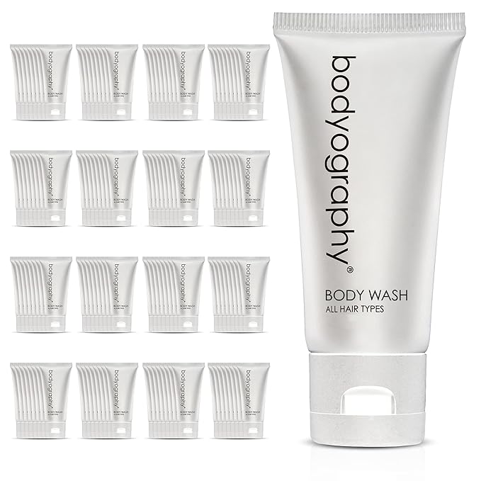 World Amenities - Bodyography blanc- Bulk Body Wash | 50 Count 1.4oz | Vanilla White Tea Mini Travel Size Toiletries (100% Recyclable Tube with Flip Top Cap) Hotel Amenities.