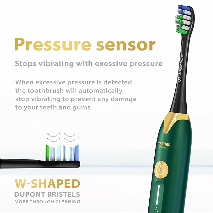 Wagner Stern Ultrasonic whitening Toothbrush with Pressure Sensor. 5 Brushing Modes and 4 Levels of Intensity 8 Soft bristles Travel case.