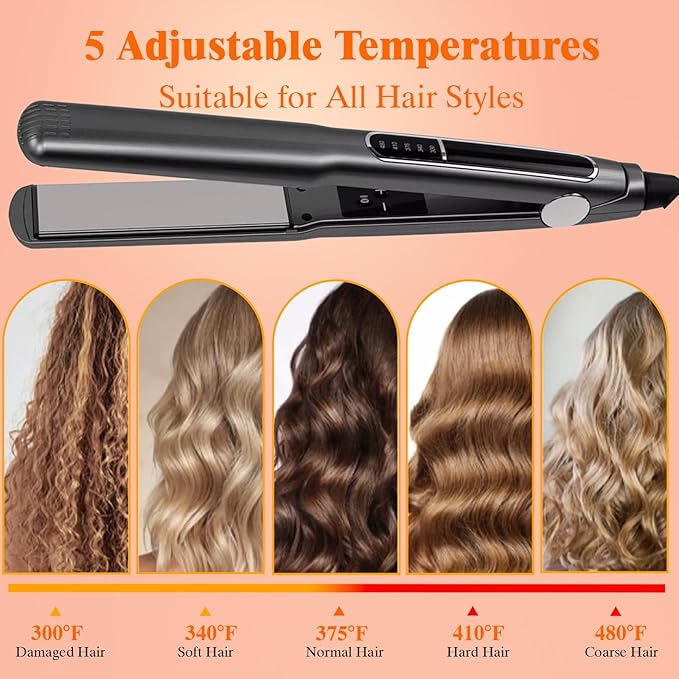 220v Fast Heating Hair Straightener Curling 5-Level Temperature Control 480ºF(250° C) 2 m/6.56 ft 360° Swivel Cord 1.5 inch Hair Straighten Hair Curls Styling Tool(EU Plug)
