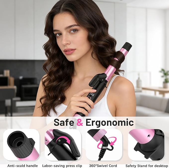 Travel Curling Iron 1 InchSmall Curling Iron for Short HairDual Voltage Curling Iron 110-240V with European PlugCurling Iron with Clamp &amp Ceramic Barrel5 Temp Digital DisplayAuto OffTemp Loc