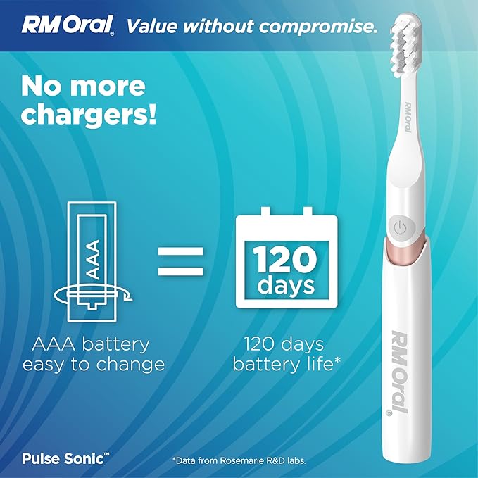 RM Oral Pulse Sonic Powered Toothbrush with 48000 Sonic Vibrations Metal Handle Soft Bristles Travel Case 2 Modes for Whitening &amp Plaque Removal 2-Minute Smart Timer Rose Gold