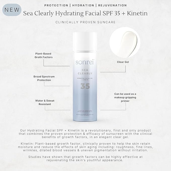 Sonrei Sea Clearly Hydrating Facial SPF 35 + Anti-aging Growth Factor Clear Sunscreen Gel &amp Primer | Broad Spectrum UV Protection | Water Resistant Vegan and Reef Safe | Non-greasy (3-Pack)