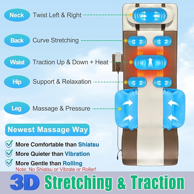 Full Body Massage Mat 3D Body Stretching &amp Lumbar Traction Back Heating Traction Up &amp Down Curve Stretch Twist Left &amp Right 4 Modes 3 Intensities 3 Heat Levels PU Leather Foldable