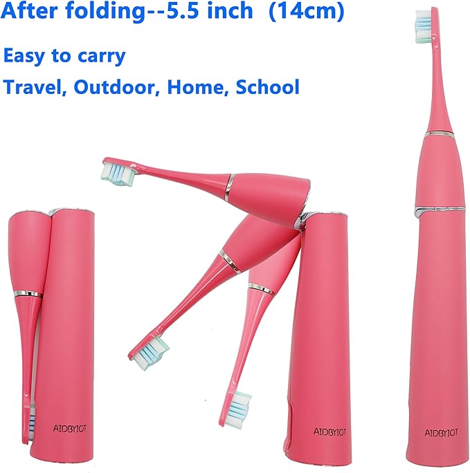 Folding Electric Toothbrush Pink Sonic Electric Self Cleaning Travel Rechargeable Portable.4 Brush Heads.