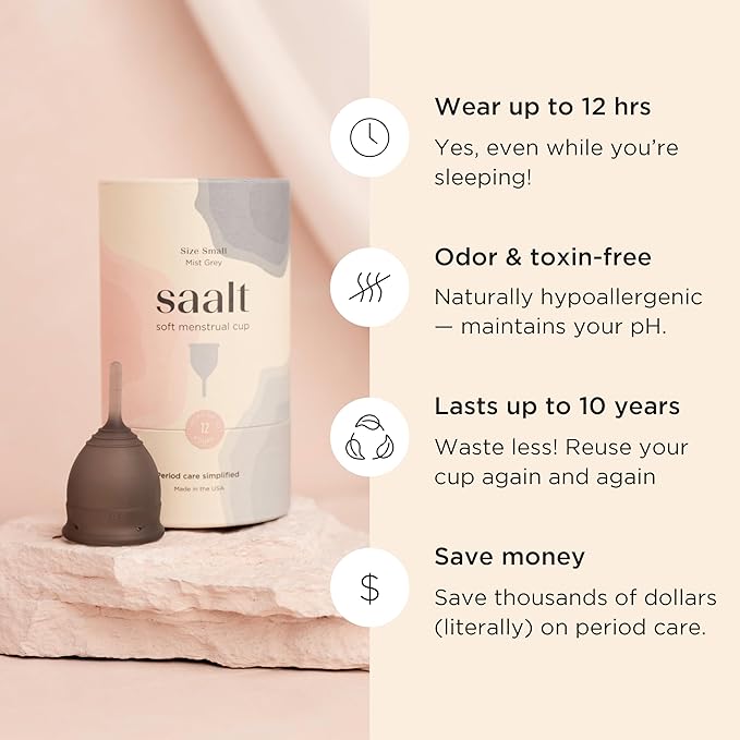 Saalt Soft Menstrual Cup – Reusable Period Cup – Made for Comfortable Leak-Free Protection Up to 12 Hours – BPA &amp Latex Free – Includes Cup &amp Carry Bag (Regular Grey)