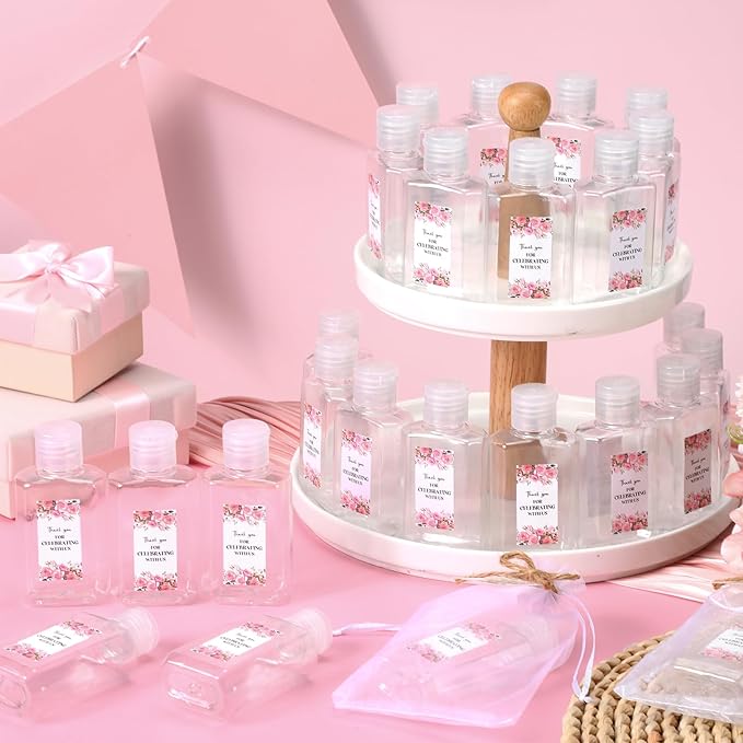 50 Sets Mini Hand Sanitizer Bottles Bulk 2oz Empty Christmas Hand Sanitizer Travel Size Wedding Favors for Guests with Organza Bags Thank You Tags for Woman Employees(FlowerPink)