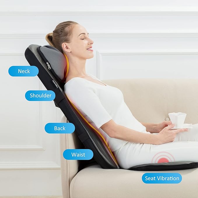 Snailax shiatsu Neck &amp Back Massager with Heat Full Back Kneading Shiatsu or Rolling Massage Massage Chair pad with Height Adjustment Back Massager for Neck and Shoulder