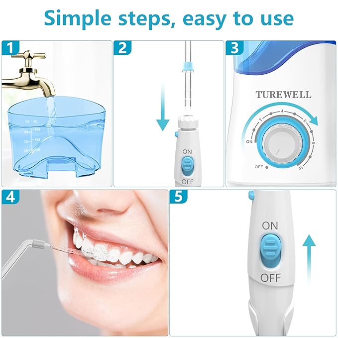 TUREWELL Water Dental Flosser for Teeth/Braces Water Teeth Cleaner 8 Jet Tips and 10 Pressure Levels 600ML Large Water Tank Oral Irrigator for Family(White)