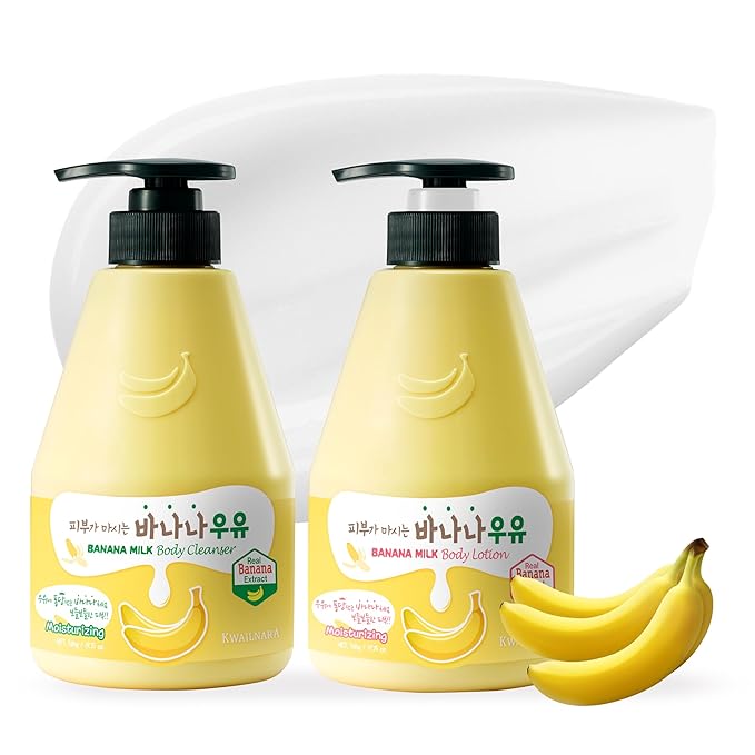 WELCOS Kwailnara Banana Milk Body Lotion &amp Body Wash Set – Moisturizing &amp Revitalizing Korean Skincare Bundle with Banana Extract 560g / 19.75oz Each