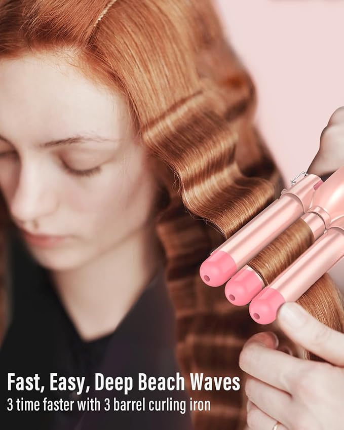 Waver Curling Iron Wand - BESTOPE PRO 5 in 1 Curling Wand Set with 3 Barrel Hair Crimper for Women Fast Heating Crimper Wand Curler in All Hair Type Women Gifts - Leather Pink