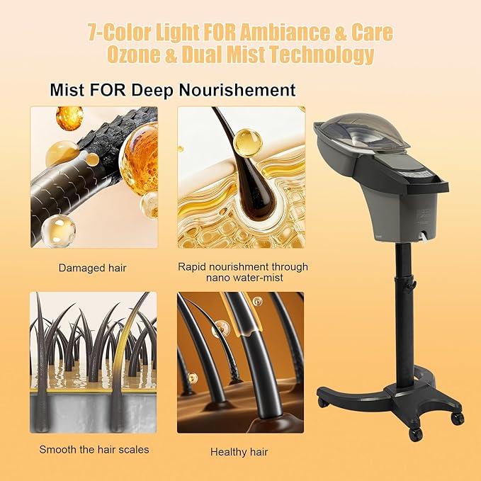 Hair Steamer for Deep Conditioning w/7 Color Light &amp Ozone 700W Micro Mist Scalp Hydration Steamer for Hair Treatment for Natural/Black Hair w/Adjustable Temp for Barbershops (Black)