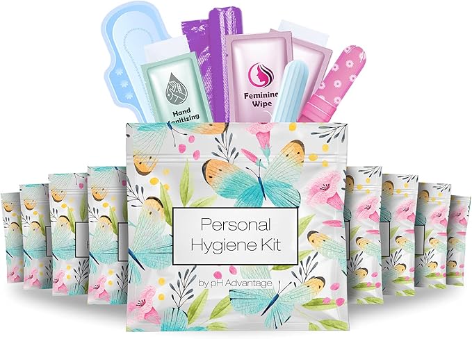 Menstrual Kit All-in-One 10 Pack | Convenience on The Go | Period Kit Pack for Travelling Tweens &amp Teenager | Individually Wrapped Feminine Hygiene Product (Butterflies)