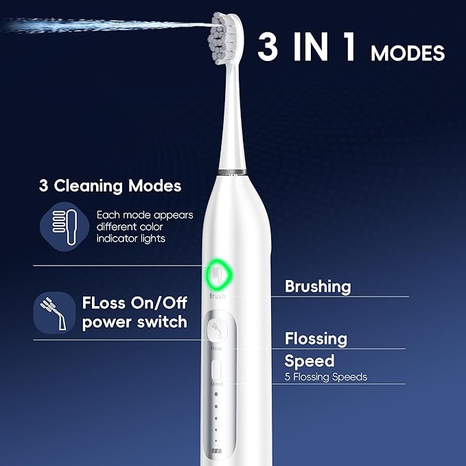 Electric Toothbrush with Water Flosser 3 Sonic Modes 5 Flossing Speeds with 3 Brushes + 1 Nozzle Portable Flossing Toothbrush Combo for Adults Teeth Cleaning Kit for Plaque RemovalWhite