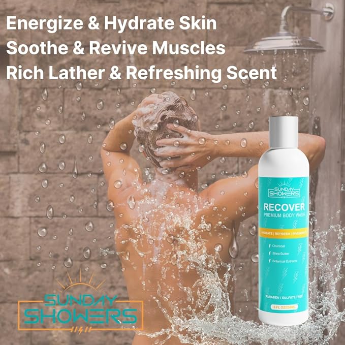 All Natural Recovery Body Wash - Revitalize and Rejuvenate with clean premium ingredients: Charcoal Shea Butter Eucalyptus Tea Tree Coconut Oil Rosemary Chamomile Sage