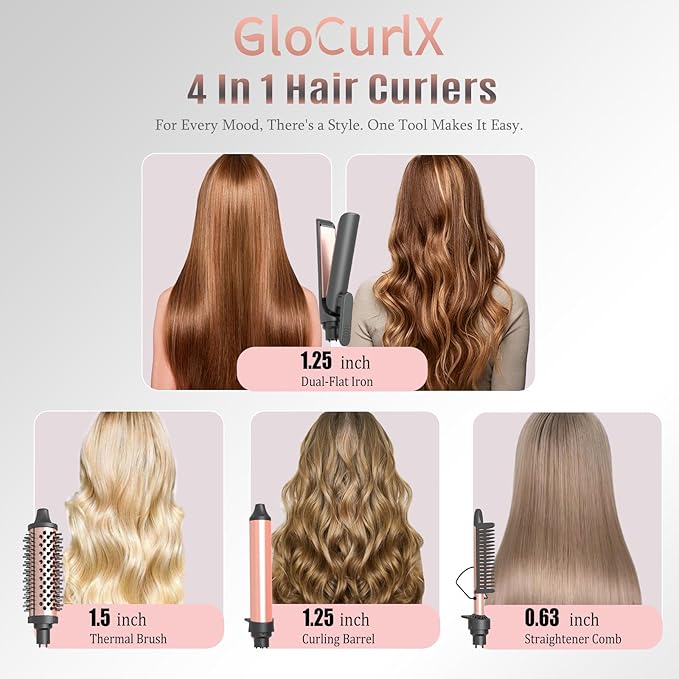 4-in-1 Curling Iron Set for Long Hair Fast Heating Ceramic Ionic Hair Curler Flat Iron &amp Hot Brush Combo Frizz-Free Styling Tool with Dual Voltage for Home &amp Travel