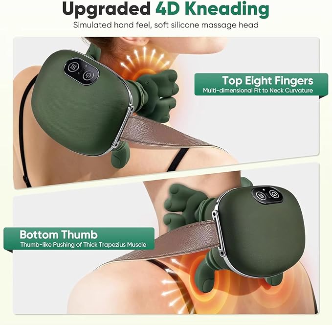 Neck and Shoulder Massager with Heat Bionic Hand Kneading Deep Tissue Massager for Neck Shoulders &amp Back Pain Relief Wireless Rechargeable Hands-Free Massage Device (Green)