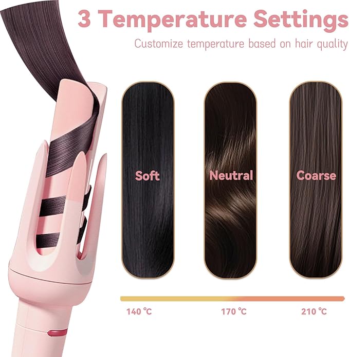 Automatic Curling Iron 1.25Inch Wave Curling Iron Fast Heating Hair Curling Wand with 3 Temp &amp LED Display 60Min Auto Shut-Off Anti-Scald Anti-Tangle Rotating Curling Irons for Hairstyle (Pink