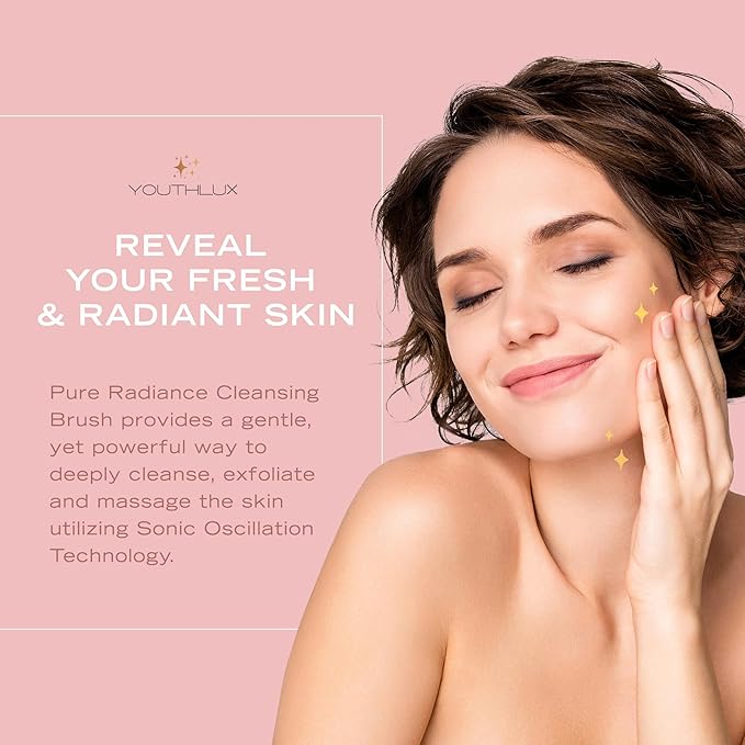 YouthLab Pure Radiance Vibrating Facial Cleansing Brush Electric 3 Modes 3 Brush Heads (2 Bristle1 Silicone) Waterproof Rechargeable Smart Timer Exfoliating Massage (Rose Gold)