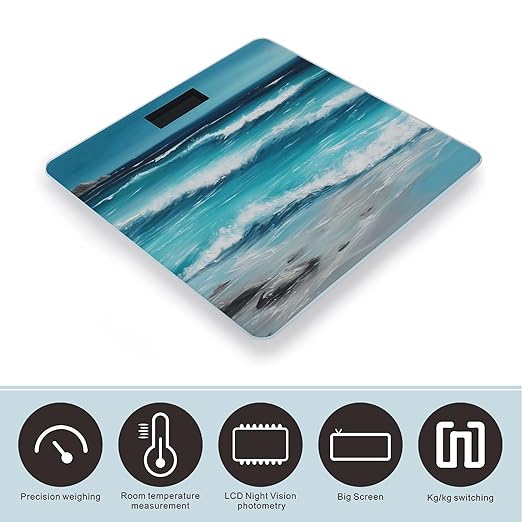 Turquoise Beach Original Seascape Scale for Body Weight Anti-Slip Tempered Glass Digital Bathroom Scales Clear LCD Display Weighing Scale Safe Rounded Corners Smart Scales