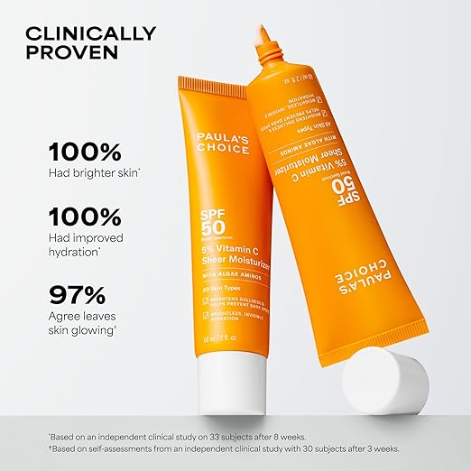 Paula's Choice 5% Vitamin C Sheer Sunscreen for Face SPF 50 Face Sunscreen Moisturizing Lightweight Invisible Prevents Dark Spots No Cast All Skin Types UVA/UVB Protection Fragrance-Free 2oz