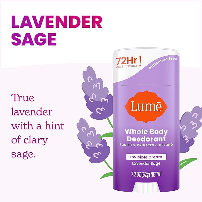 Lume Deodorant Cream Stick - Underarms and Private Parts - Aluminum-Free Baking Soda-Free Hypoallergenic and Safe For Sensitive Skin - 2.2 Ounce (Pack of 2) (Lavender Sage)