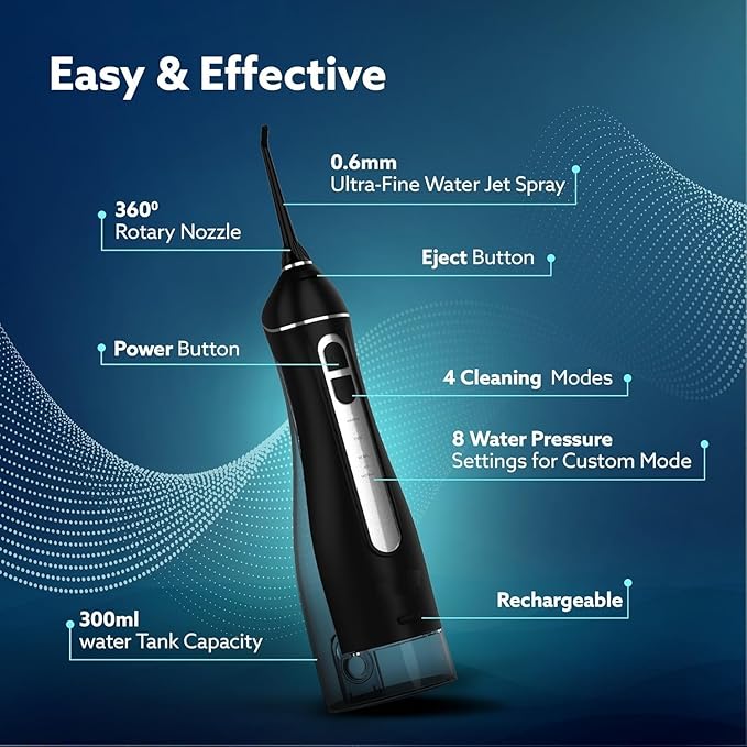 Dental Flosser for Teeth Portable Cordless &amp Rechargeable 4 Cleaning Modes IPX7 Waterproof 300ml Water Tank Flossing at Home &amp Travel Oral Flosser Oral Irrigator Black