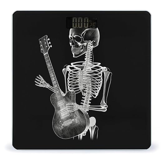 Abstract X-ray Skull Skeleton Playing Guitar Scale for Body Weight Safe Rounded Corners Tempered Glass Digital Bathroom Scale LED Display 400lb Capacity Weight Scales with High Precision Sensors