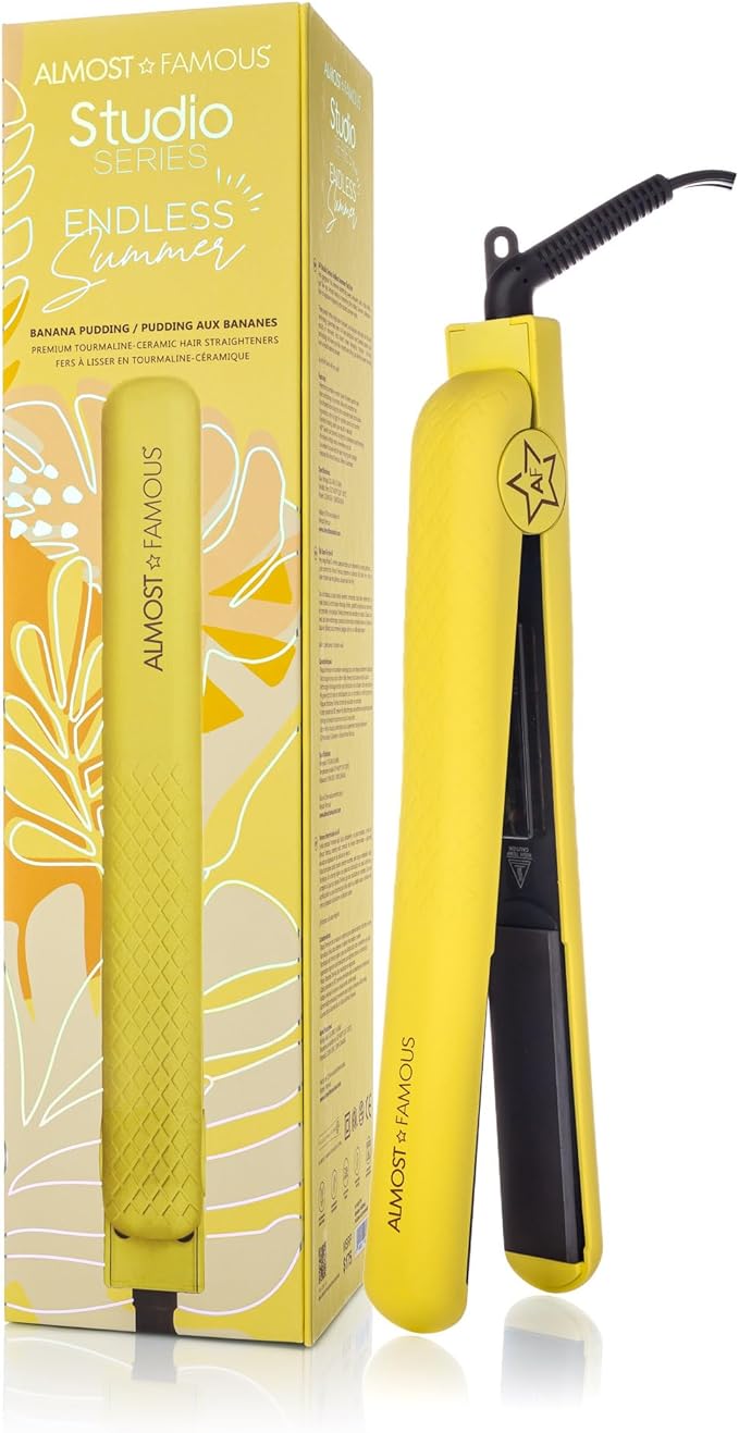 Almost Famous Hair Straightener with Ceramic Plates Adjustable Heat Setting Professional Beauty Tool for All Hair Type - Yellow