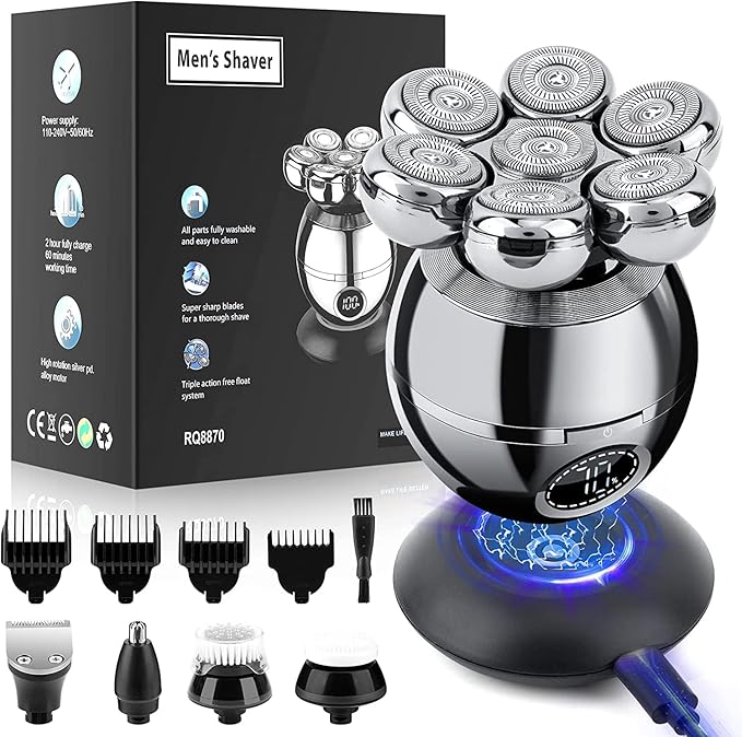 Head Shavers for Bald Men Wjiang 6 in 1 Electric Razor Mens Shaver Wet Dry Cordless Electric Skull Shavers 7D Floating Rechargeable Bald Head Shaver Back for Men Father's Day Gifts