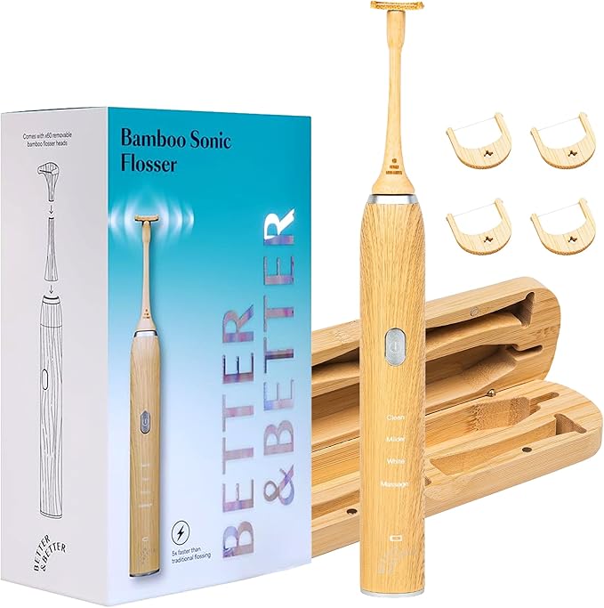 Better &amp Better Sonic Bamboo Electric Flosser Bundle | Additional Refills &amp Bamboo Travel Case Included
