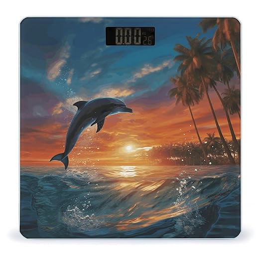 Dolphins and Palm Trees Scale for Body Weight Accurate Digital Bathroom Scale Toughened Glass High Precision Scales Smart Weight Scales with Large LCD Backlight Display Weighing Machine