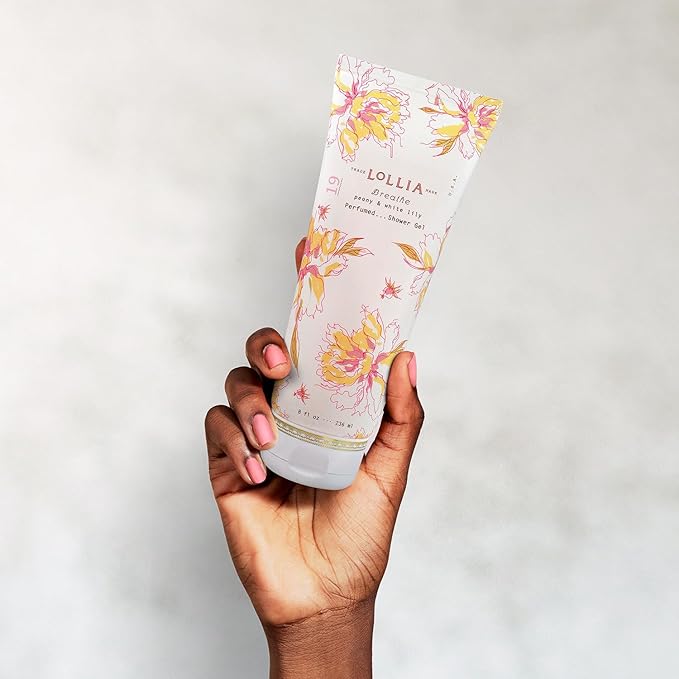 LOLLIA Breathe Shower Gel 8 fl oz Peony &amp White Lily Luxury Shea Moisture Hydrating Women's Body Wash Delicate &amp Relaxing Scented Bath Soap for Self Care