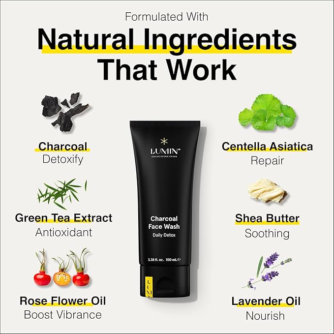Lumin 4 Piece Men Skincare Set with Charcoal Face Wash Deep Scrub Daily Moisturizer &amp Dark Circle Defense Balm Helps Detoxing &amp Hydrating for All Skin Types
