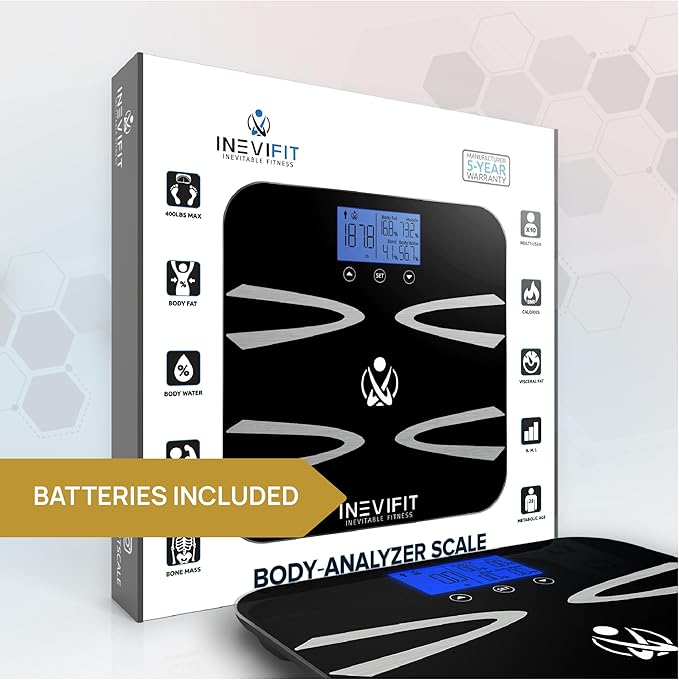 INEVIFIT Body-Analyzer Scale Highly Accurate Digital Bathroom Body Composition Analyzer Measures Weight Body Fat Water Muscle BMI Visceral Levels &amp Bone Mass for 10 Users. Includes Batterie