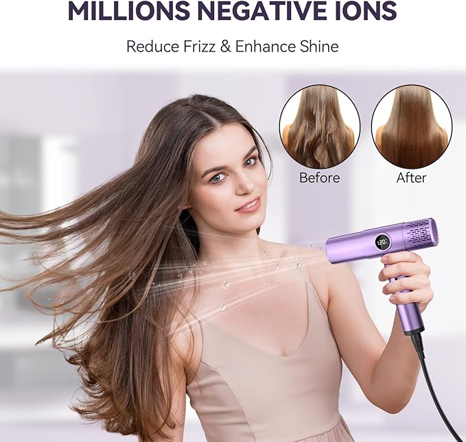 Ionic Blow Dryer with Diffuser | 1400W Fast-Drying Hair Dryer with LED Display &amp Adjustable Heat Control | Quiet Lightweight Design for Travel and Home Salon (Purple)