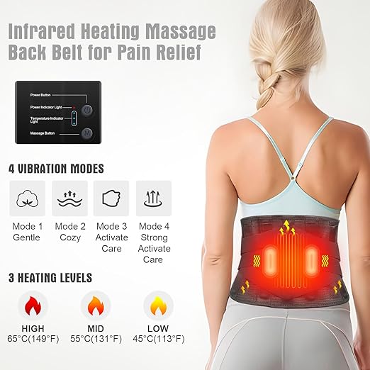 Heated Back Brace with Massage Rechargeable Heating Pad for Back Pain Relief Adjustable Back Support Belt with Heat Therapy and Vibration Massager for Men and Women L