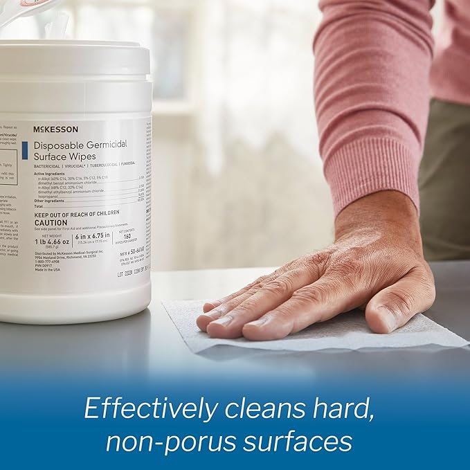 McKesson Germicidal Wipes [480 Count] Disinfecting Wipes Alcohol Cleaning Disinfectant Wipes Hospital Grade Multi-Surface Wipes 160 Wipes 3 Pack