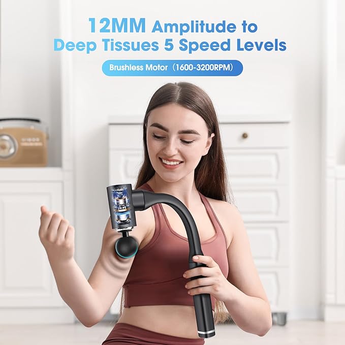Massage Gun with Upgraded Extension Handle Back and Neck Massage for Pain Relief 12MM Portable Muscle Pain Relief for Back Neck Waist 4 Massage Heads &amp 5 Speed Levels
