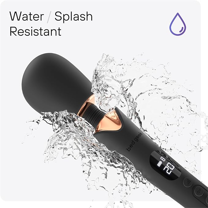 bed geek Cordless Wand Massager – Super Powerful Handheld Massage with 20 Speeds &amp 8 Patterns Soft Silicone Head Quiet Motor LED Display Body-Safe &amp Waterproof Black &amp Rose Gold