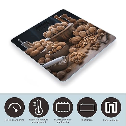 Walnut Nuts Scale for Body Weight Anti-Slip Tempered Glass Digital Bathroom Scales Clear LCD Display Weighing Scale Safe Rounded Corners Smart Scales