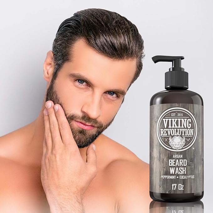 Beard Wash Shampoo w/Argan &amp Jojoba Oils - Softens &amp Strengthens - Natural Peppermint and Eucalyptus Scent - Beard Shampoo w/Beard Oil (17 oz Shampoo)