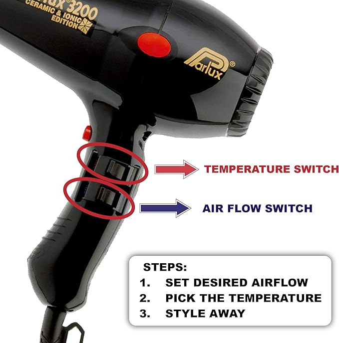 Parlux 3200 Compact Ceramic &amp Ionic Black Hair Dryer + M Hair Designs Mesh Diffuser (Bundle) – Fast-Drying Frizz-Control Professional Blow Dryer for Smooth Styling