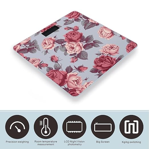 Red Roses Floral Scale for Body Weight Anti-Slip Tempered Glass Digital Bathroom Scales Clear LCD Display Weighing Scale Safe Rounded Corners Smart Scales