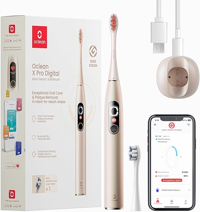 Oclean X Pro Digital Smart Sonic Electric Toothbrush 84000 Movements/Min Maglev Motor Smart Screen with 6-Axis Gyroscope App Control 30-Day Battery Fast Charge Gold