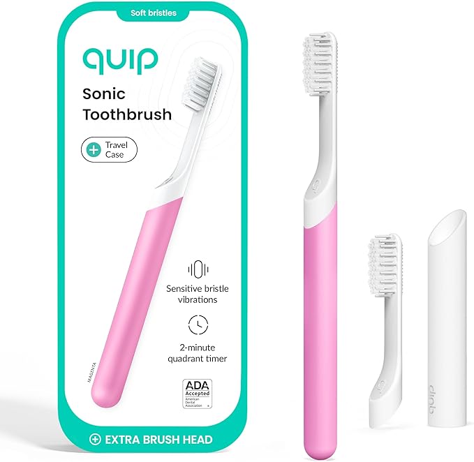 Quip Sonic Electric Toothbrush for Adults - Time Travel &amp Soft Bristles with Travel Case &amp Replacement Brush Head - 3 Month Battery Life Plastic Handle - Magenta