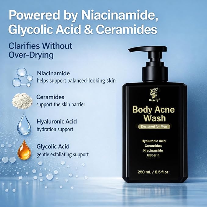 Men's Acne Body Wash Acid Body Wash for Back Chest &amp Shoulders with Niacinamide Glycolic Acid &amp Ceramides 8.5 fl oz